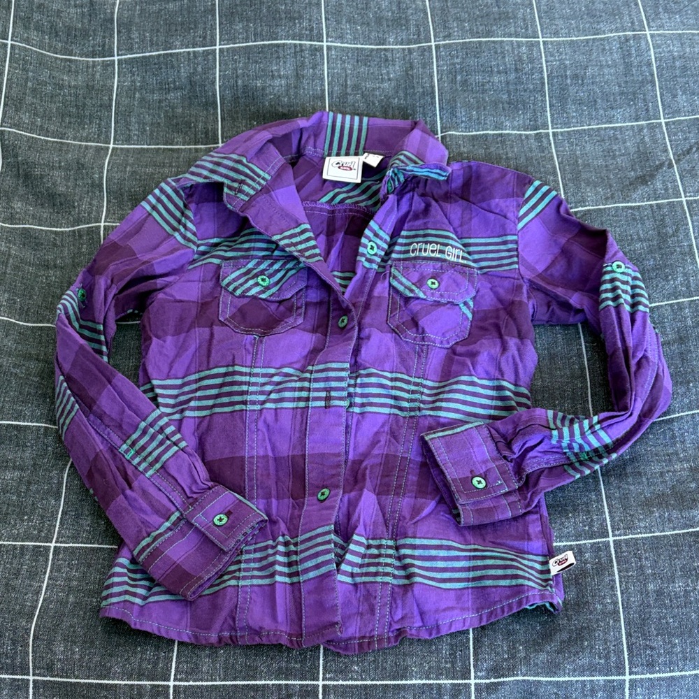 Girls' Cruel Girl Purple Plaid Button-Up Shirt with Teal Stripes